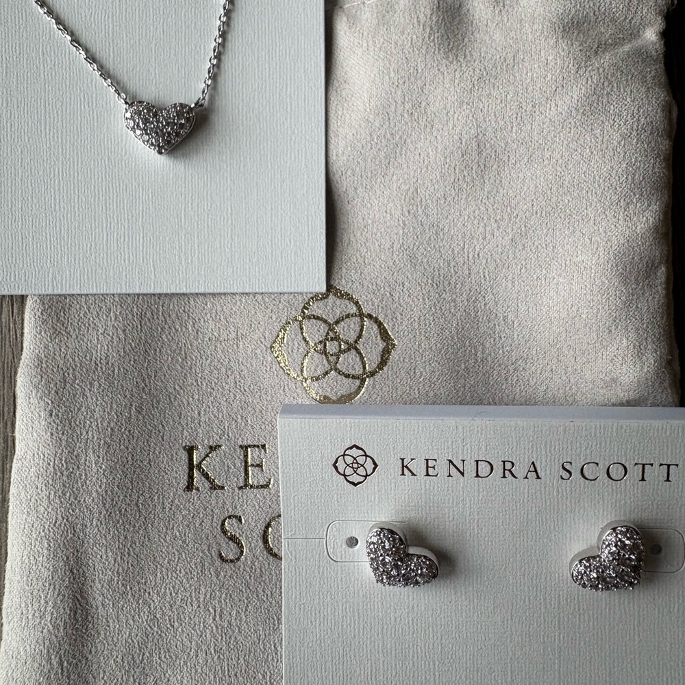Kendra Scott Ari Pave Crystal Heart Necklace and Earrings in White CZ